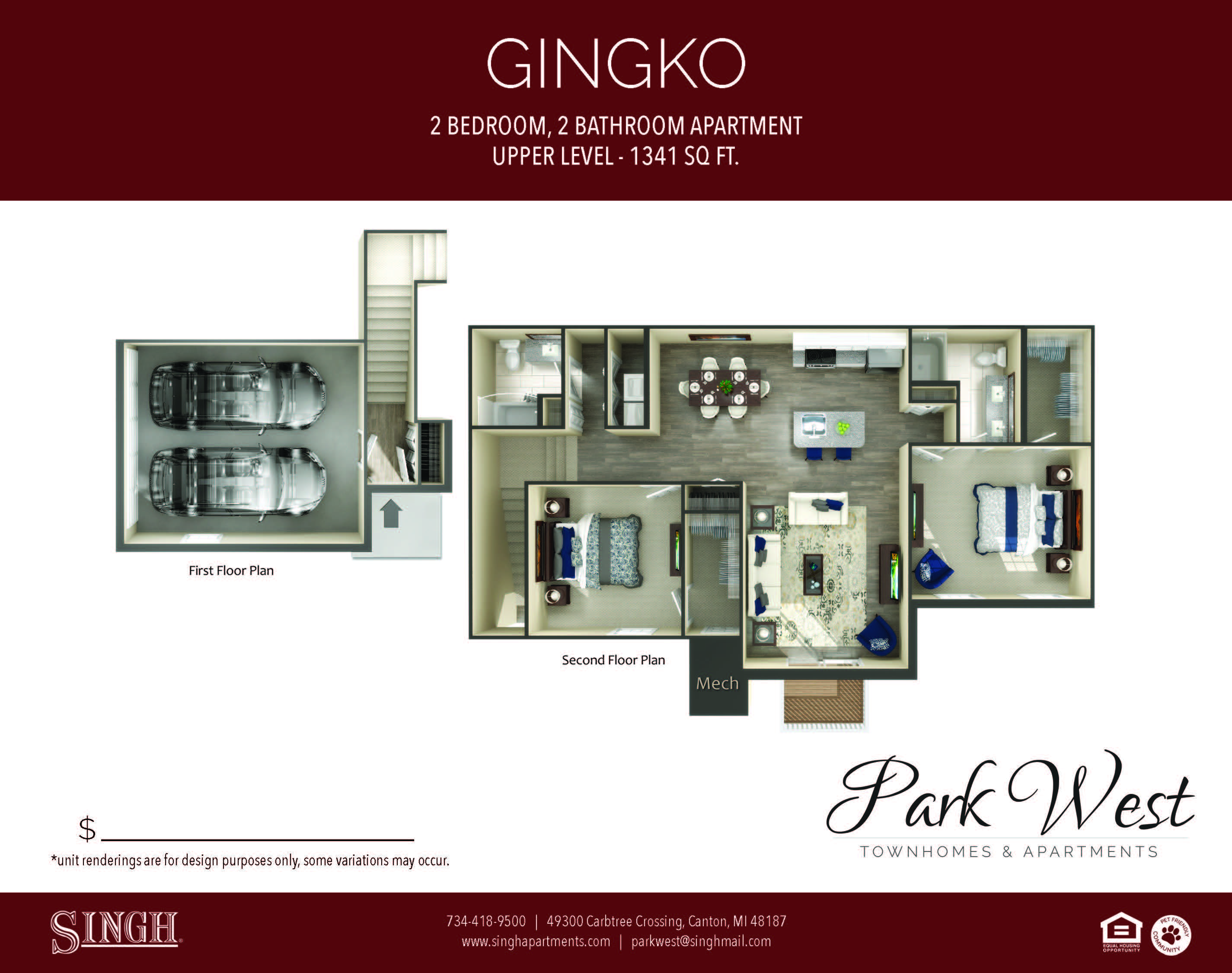 Floor plan for 2 beds, 2 baths, 1341 sqft